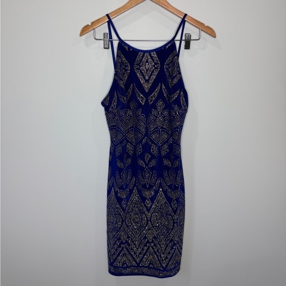 Jump Apparel Sparkly Rose Gold Embellished Bodyco spaghetti Mini Dress (7/8) - Picture 2 of 7